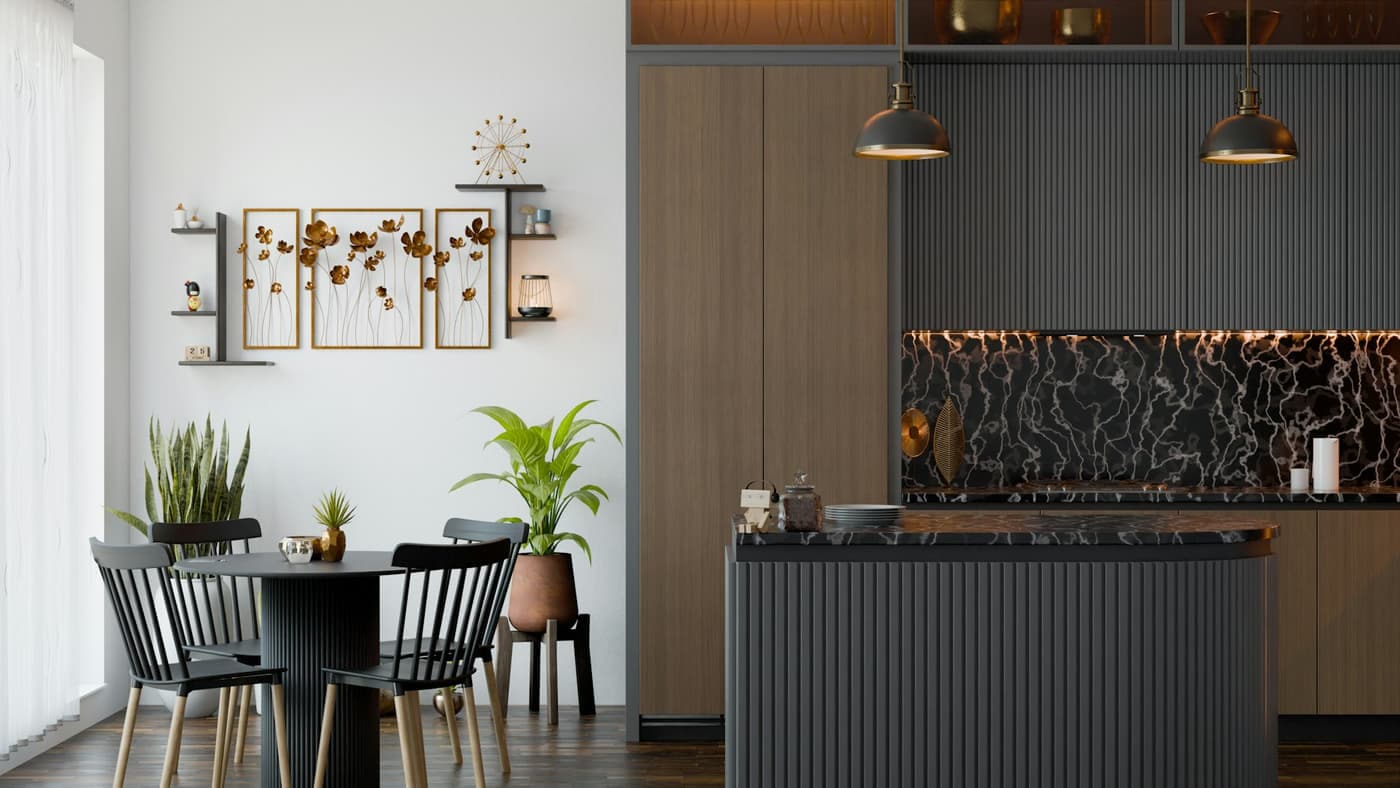 Cozinha planejada integrada à sala de jantar com ilha central e iluminação embutida