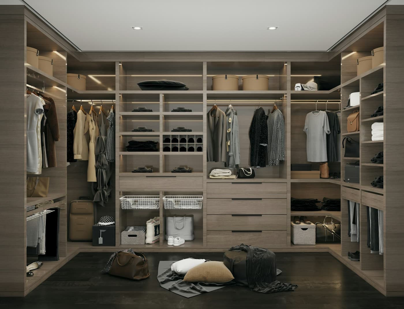Closet planejado com módulos iluminados em LED e sapateira